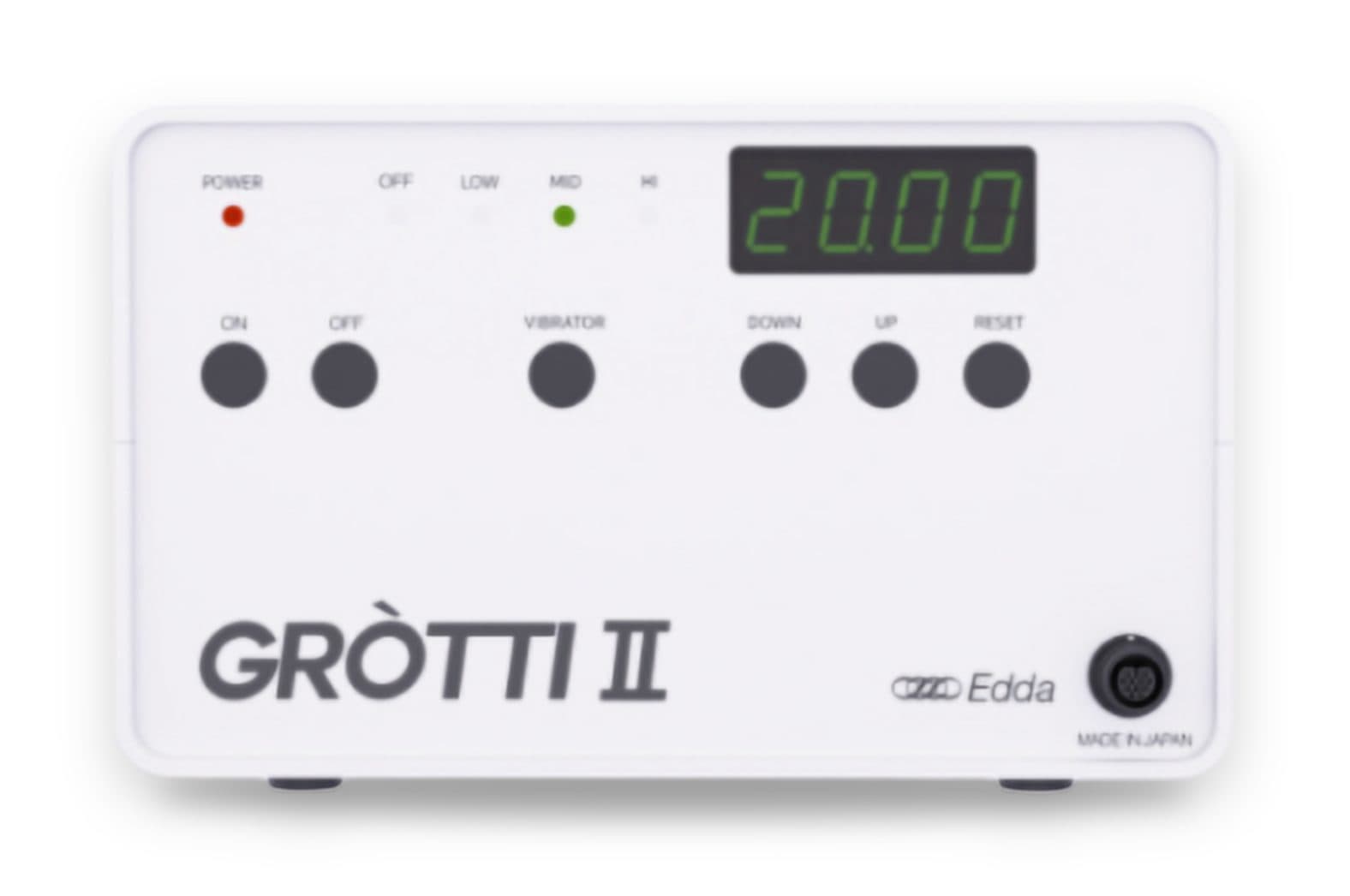 GROTTI IIの正面。ボタンは6つ（ON・OFF・VIBRATOR・DOWN・UP・RESET）と時間の表示